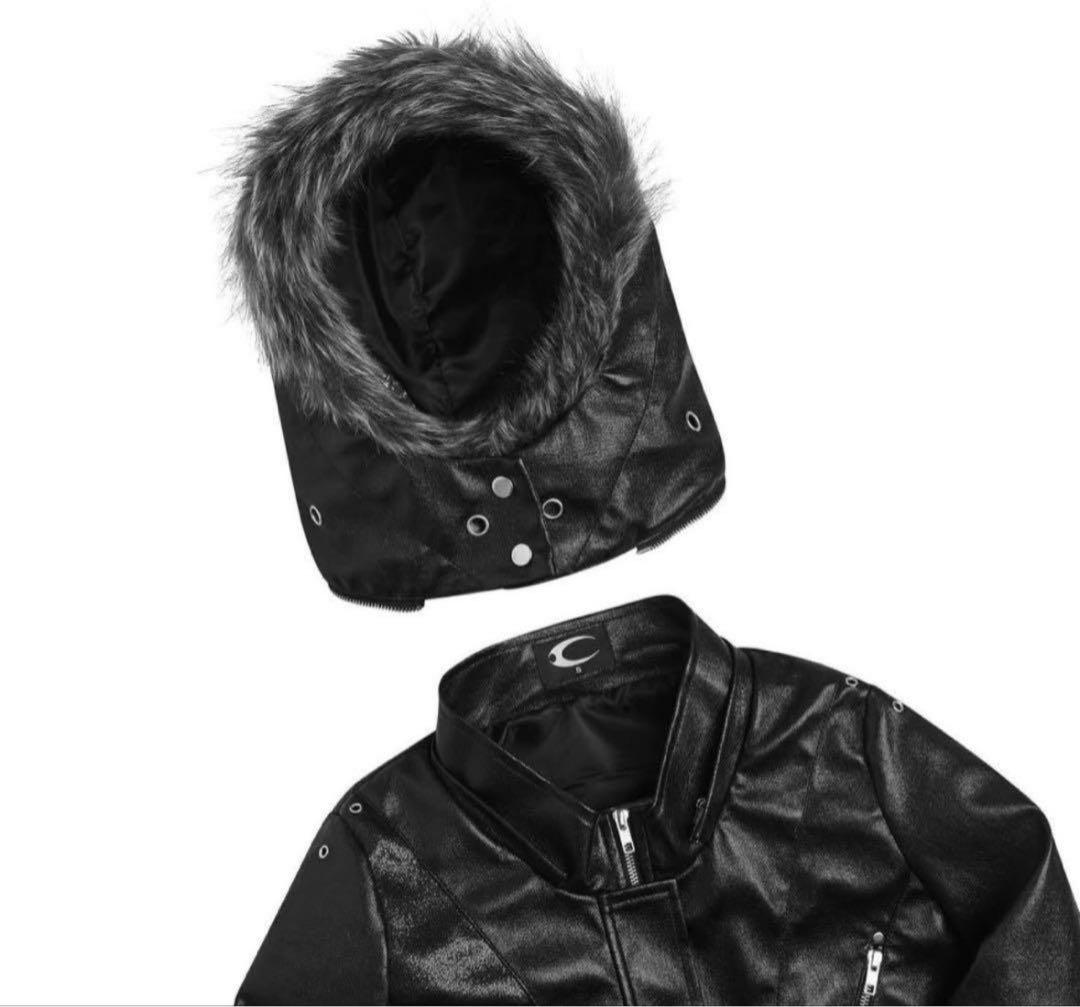 ブラックレザージャケット ファー付きフード