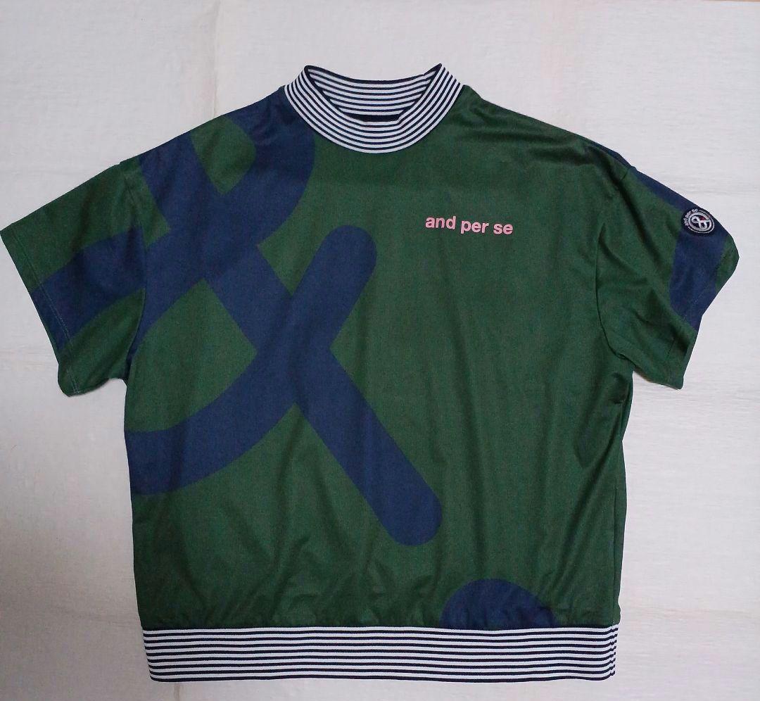 and per se総柄プリント半袖モックネックシャツ（レディース）人気のカーキ