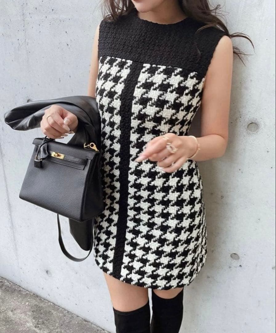 sheller ハウンドトゥースツイードドレス