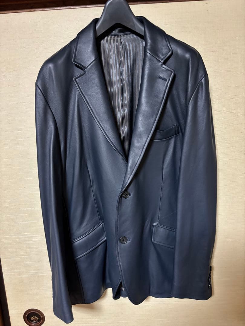 men's bigiネイビー レザー テーラードジャケット