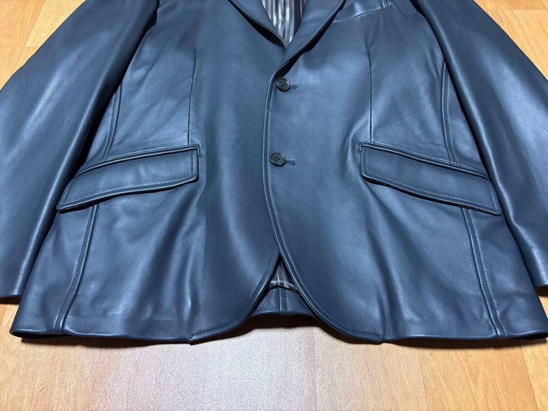 men's bigiネイビー レザー テーラードジャケット