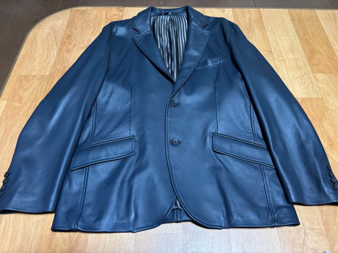 men's bigiネイビー レザー テーラードジャケット