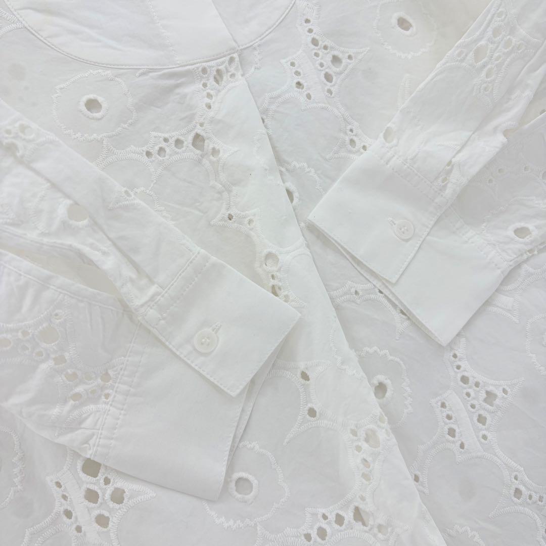 マリメッコ シャツワンピース バンドカラー ウニッコ レース ブロード刺繍 比翼