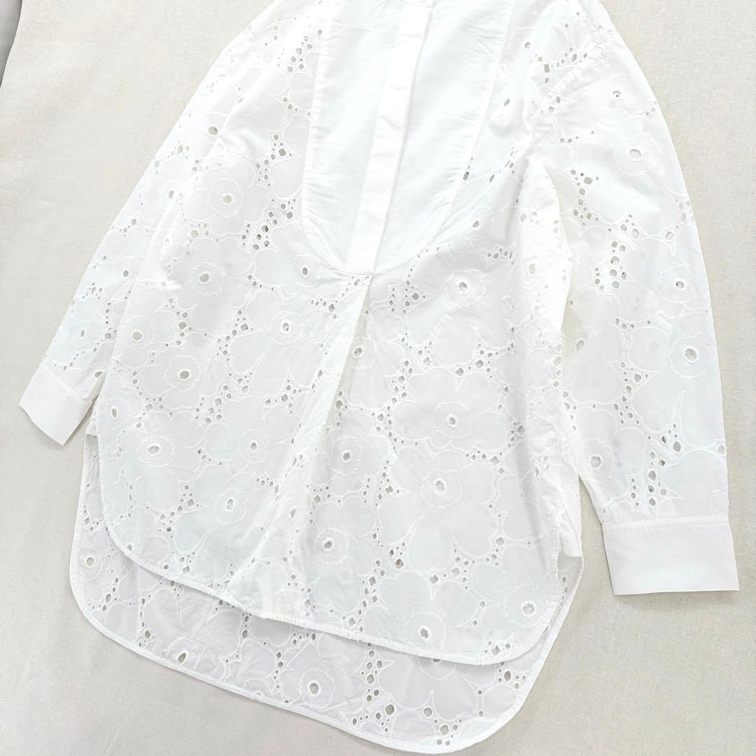 マリメッコ シャツワンピース バンドカラー ウニッコ レース ブロード刺繍 比翼