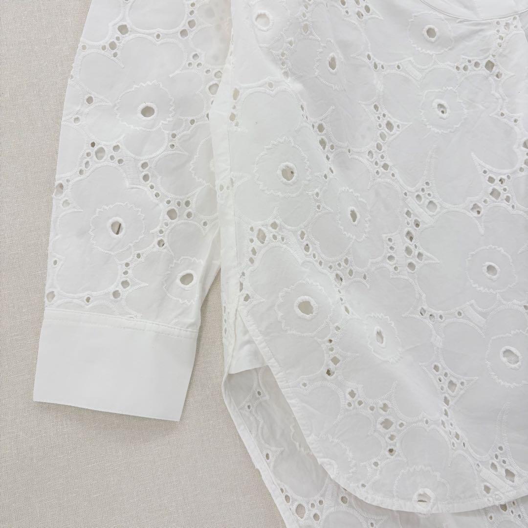 マリメッコ シャツワンピース バンドカラー ウニッコ レース ブロード刺繍 比翼