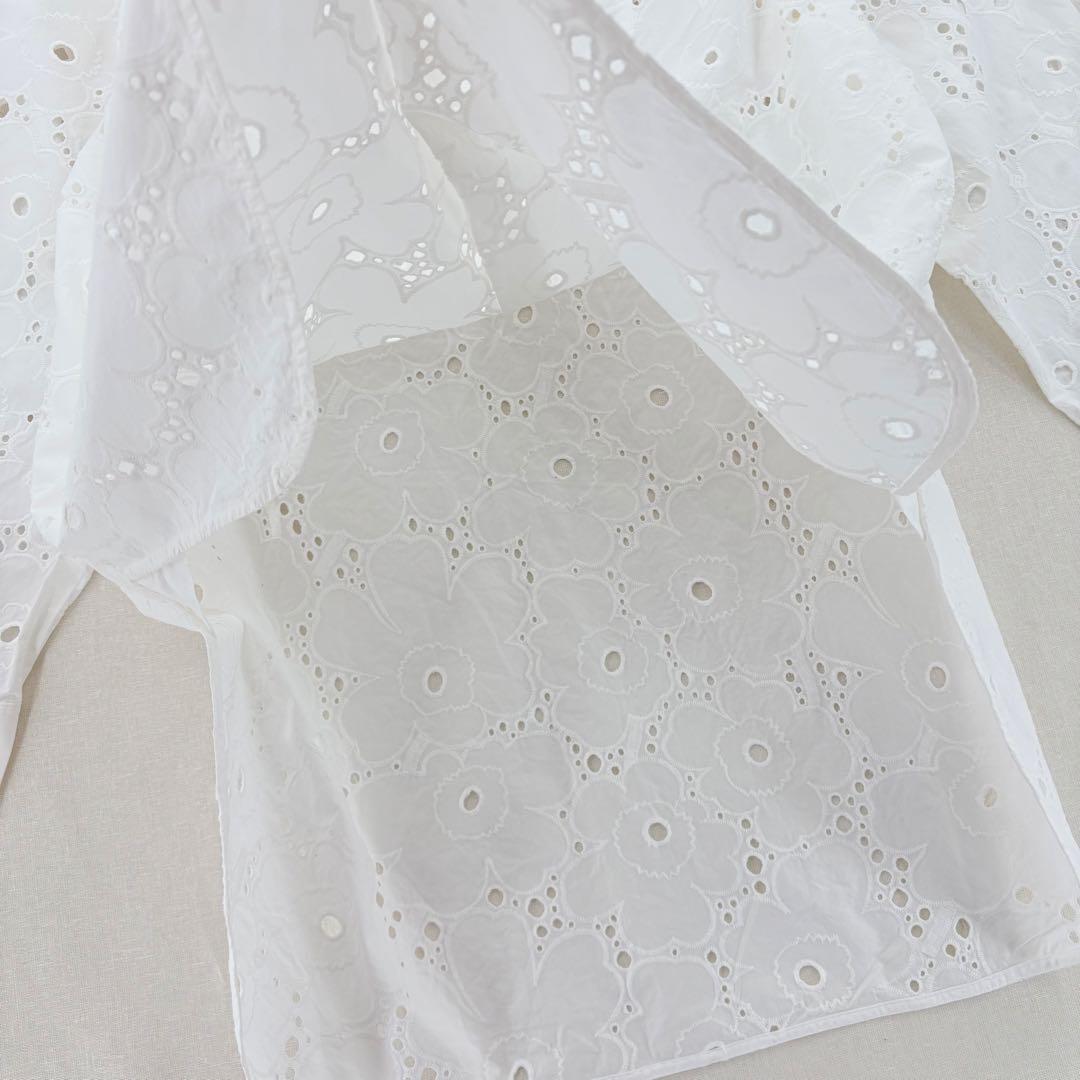 マリメッコ シャツワンピース バンドカラー ウニッコ レース ブロード刺繍 比翼