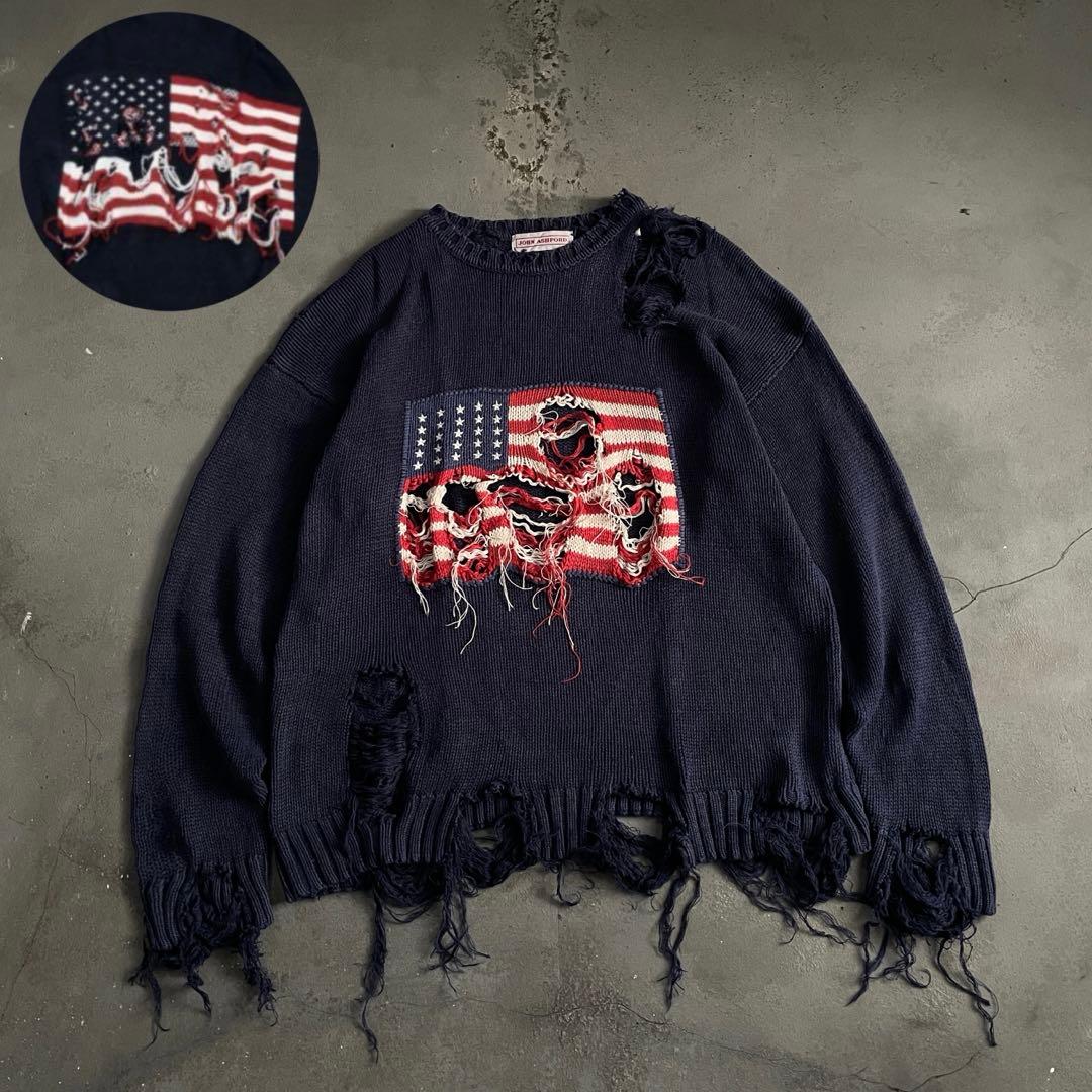 90's john ashford”麻綿”星条旗”Boro knit
