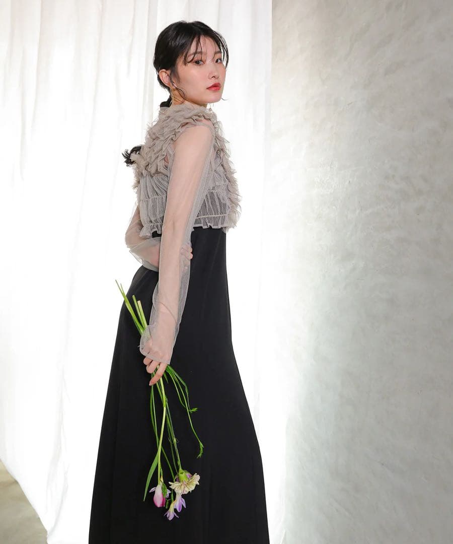 チュール ボリューム フリル ベスト シアー トップス ワンピース 3点セット