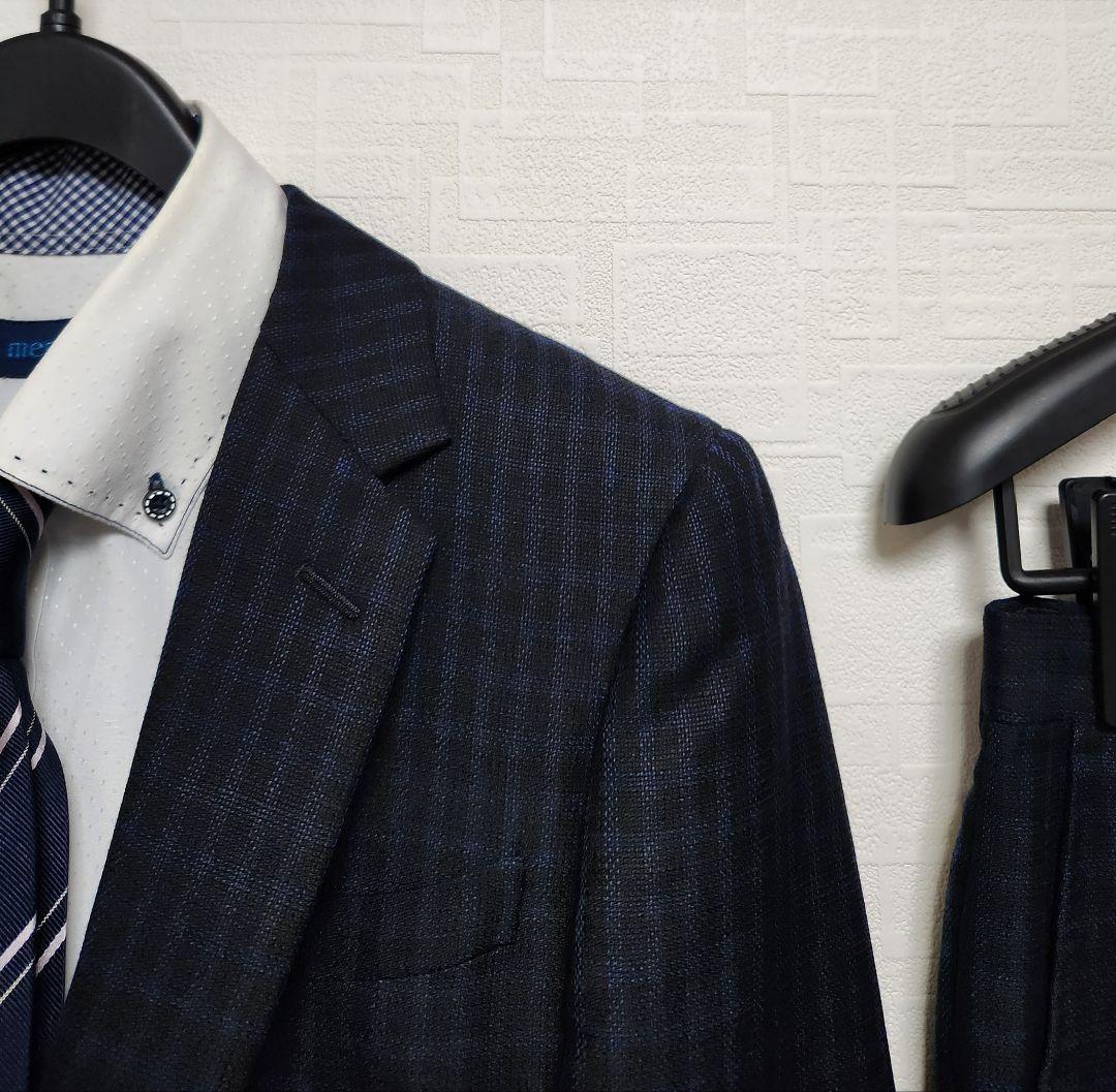 じ*ら様 トゥモローランド　メンズ　スーツ　濃紺ブルー×ブラック　チェック