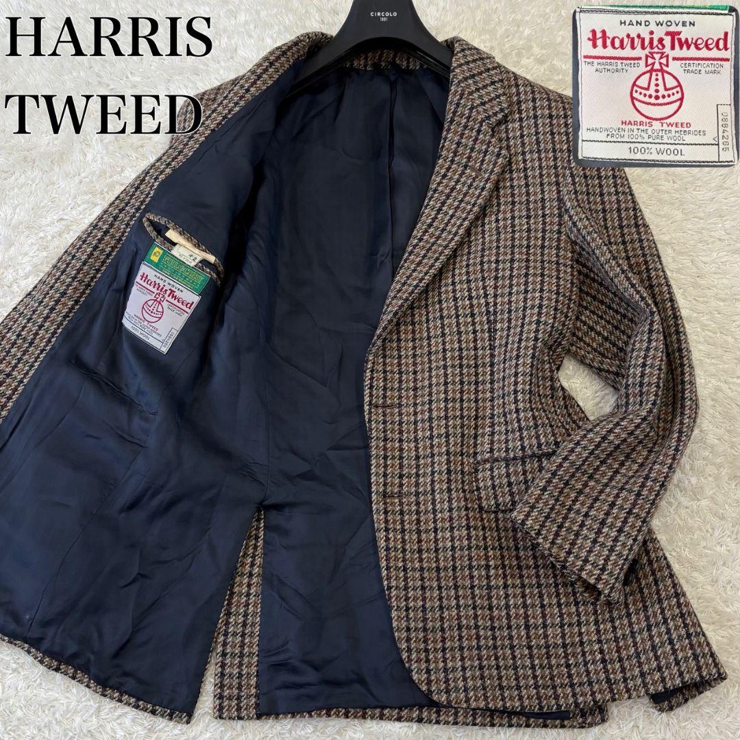 ハリスツイード テーラードジャケット くるみボタン 総柄 チェック 総裏地 XL