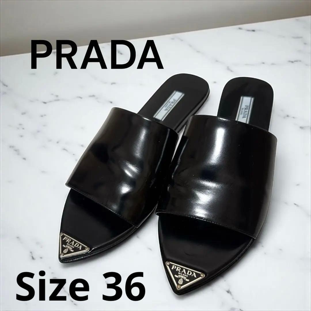 PRADA プラダ ロゴ ミュール サンダル 36 黒 ブラック　フラット