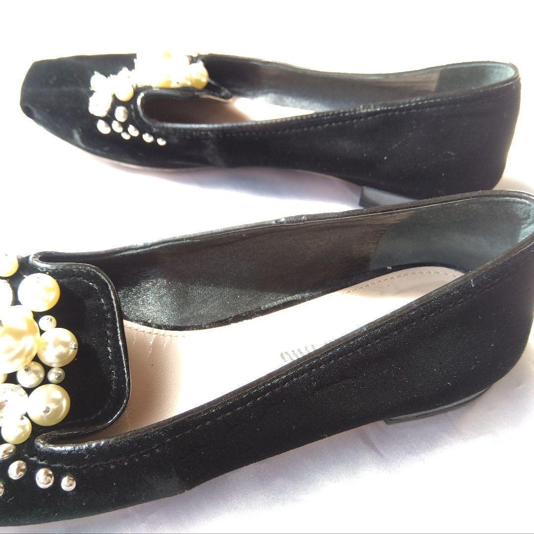 ミュウミュウ　MIUMIU　ビジューベロア　フラットシューズ　37.5