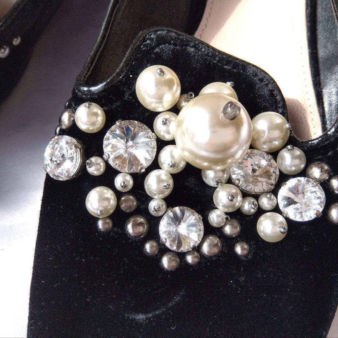 ミュウミュウ　MIUMIU　ビジューベロア　フラットシューズ　37.5