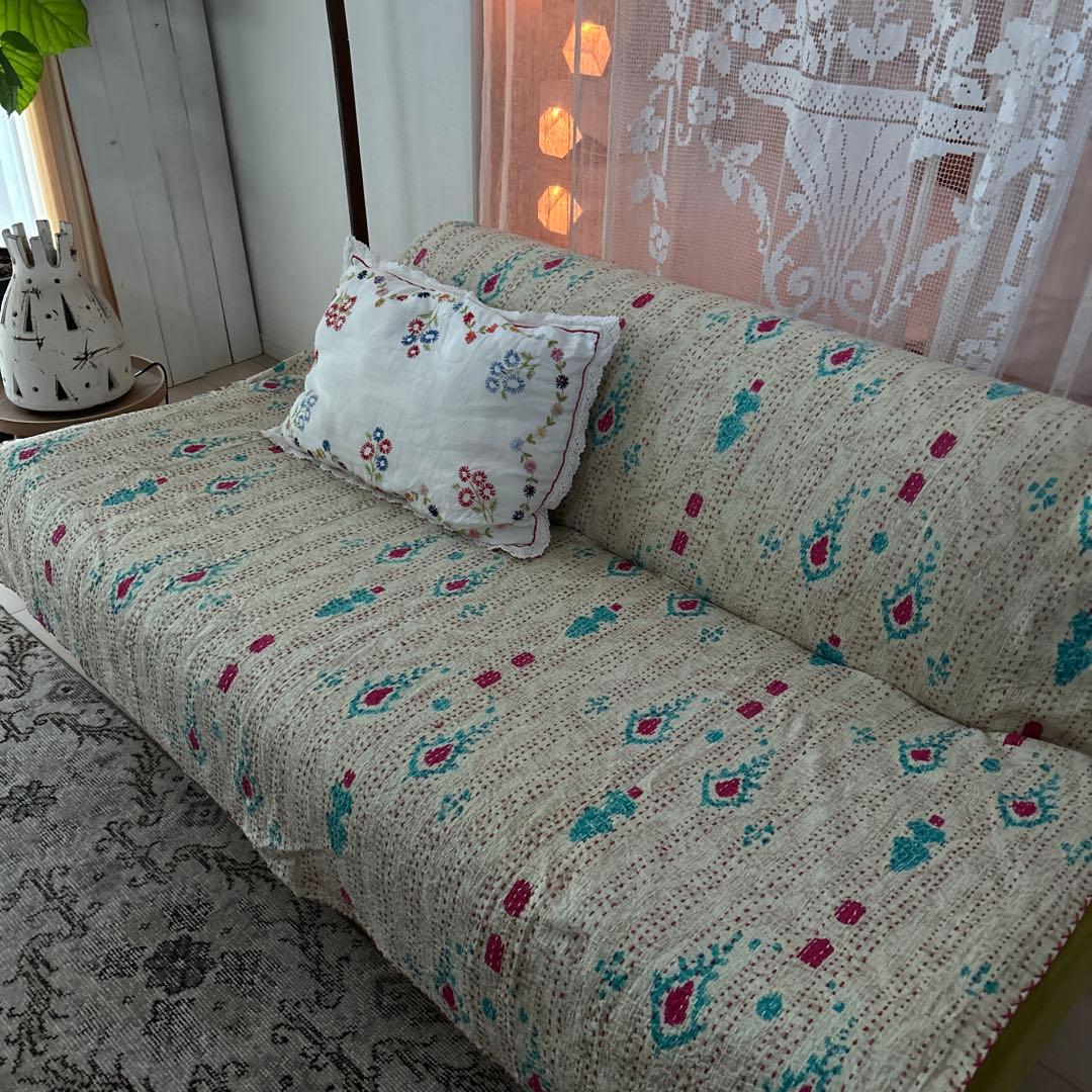 ◆グリーンのマルチカバー　キルティングブランケット　ボタニカル