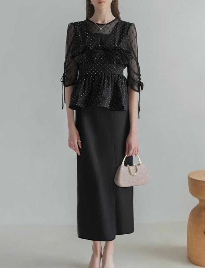 ドットストーンペプラムチュニックワンピース ブラック