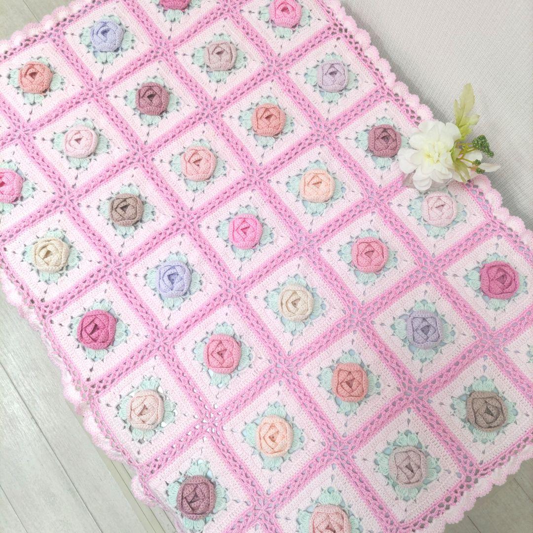 247【薔薇 マルチカバー】お花 ピンク モチーフ編み 編み物 手編み