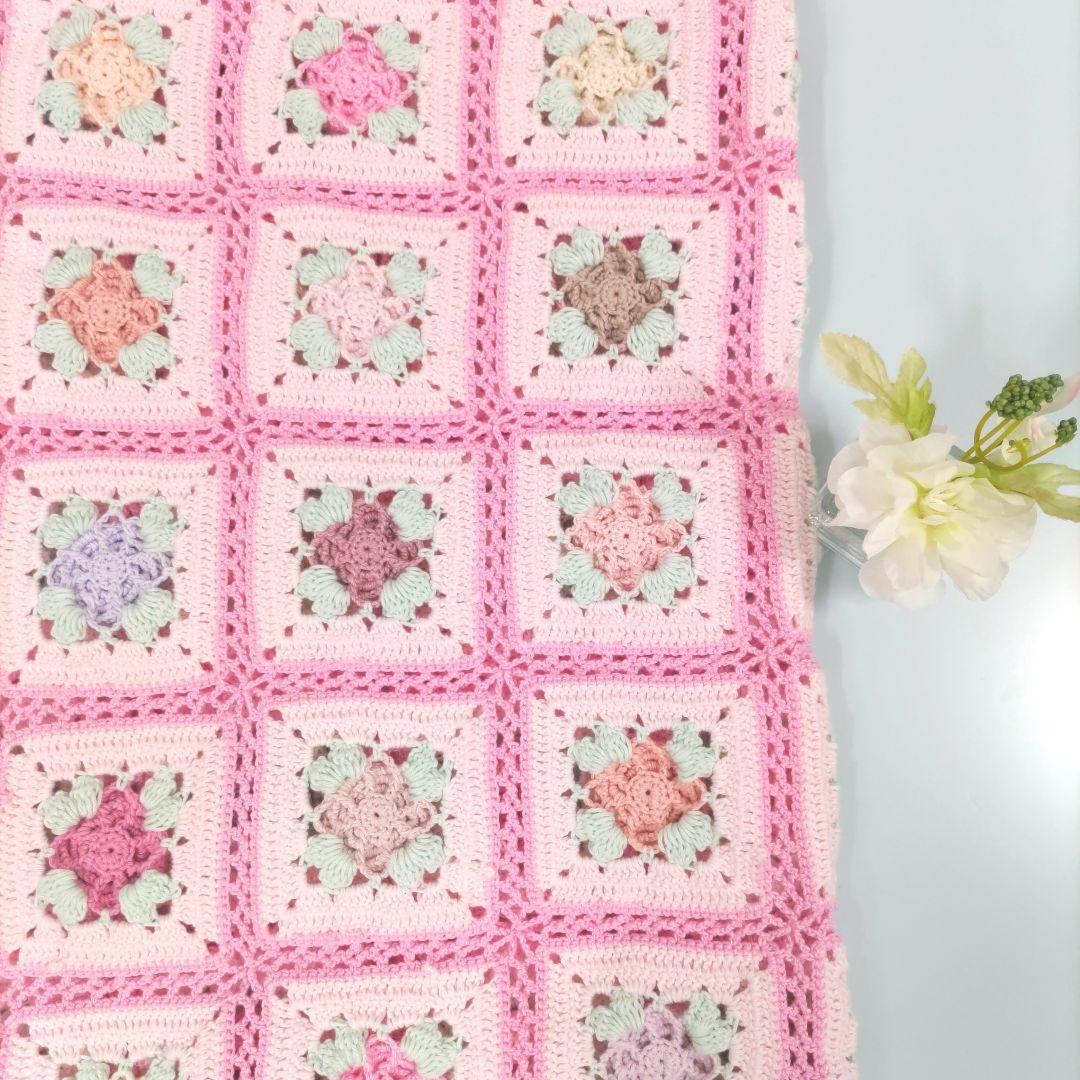 247【薔薇 マルチカバー】お花 ピンク モチーフ編み 編み物 手編み