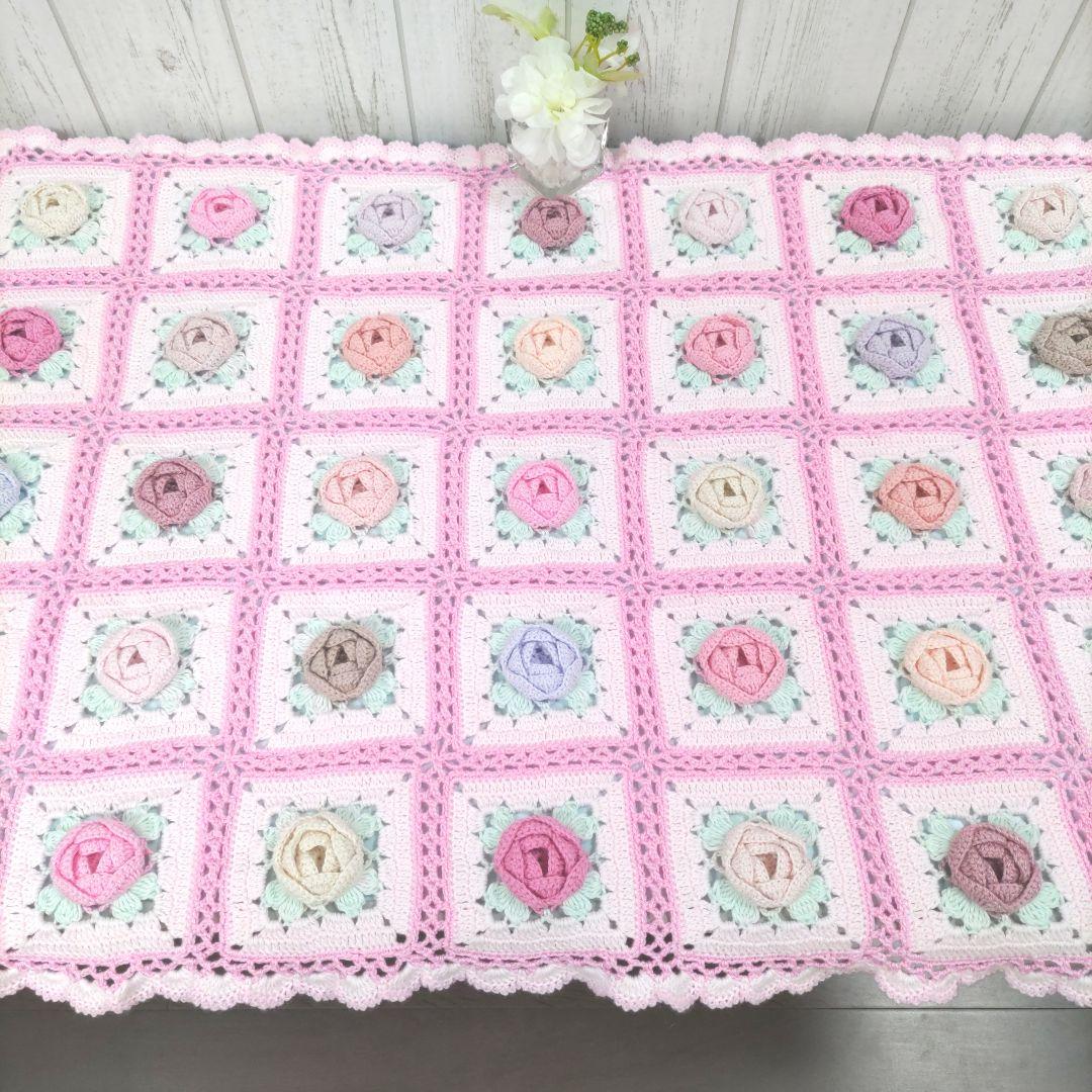 247【薔薇 マルチカバー】お花 ピンク モチーフ編み 編み物 手編み