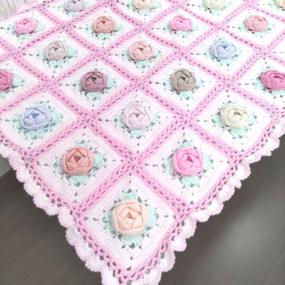 247【薔薇 マルチカバー】お花 ピンク モチーフ編み 編み物 手編み