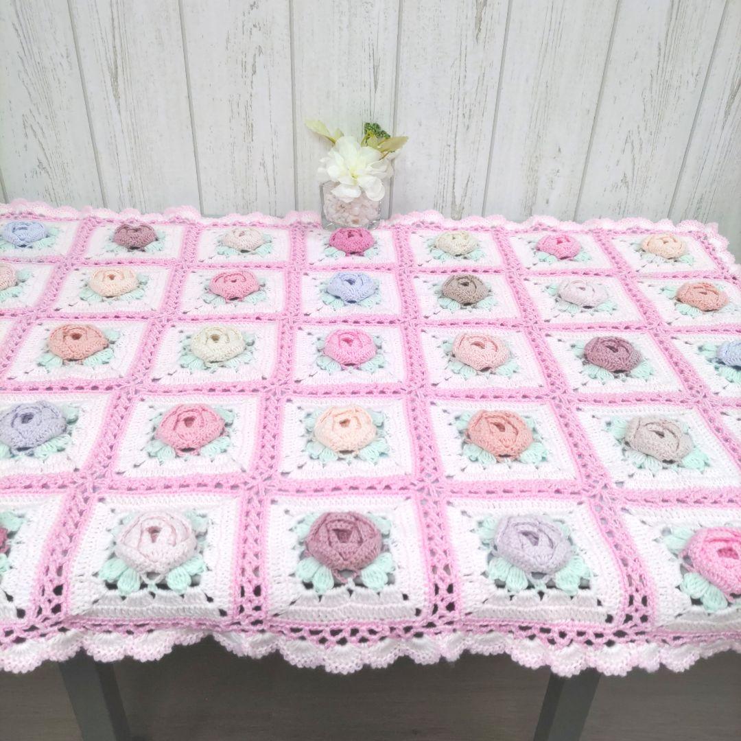 247【薔薇 マルチカバー】お花 ピンク モチーフ編み 編み物 手編み