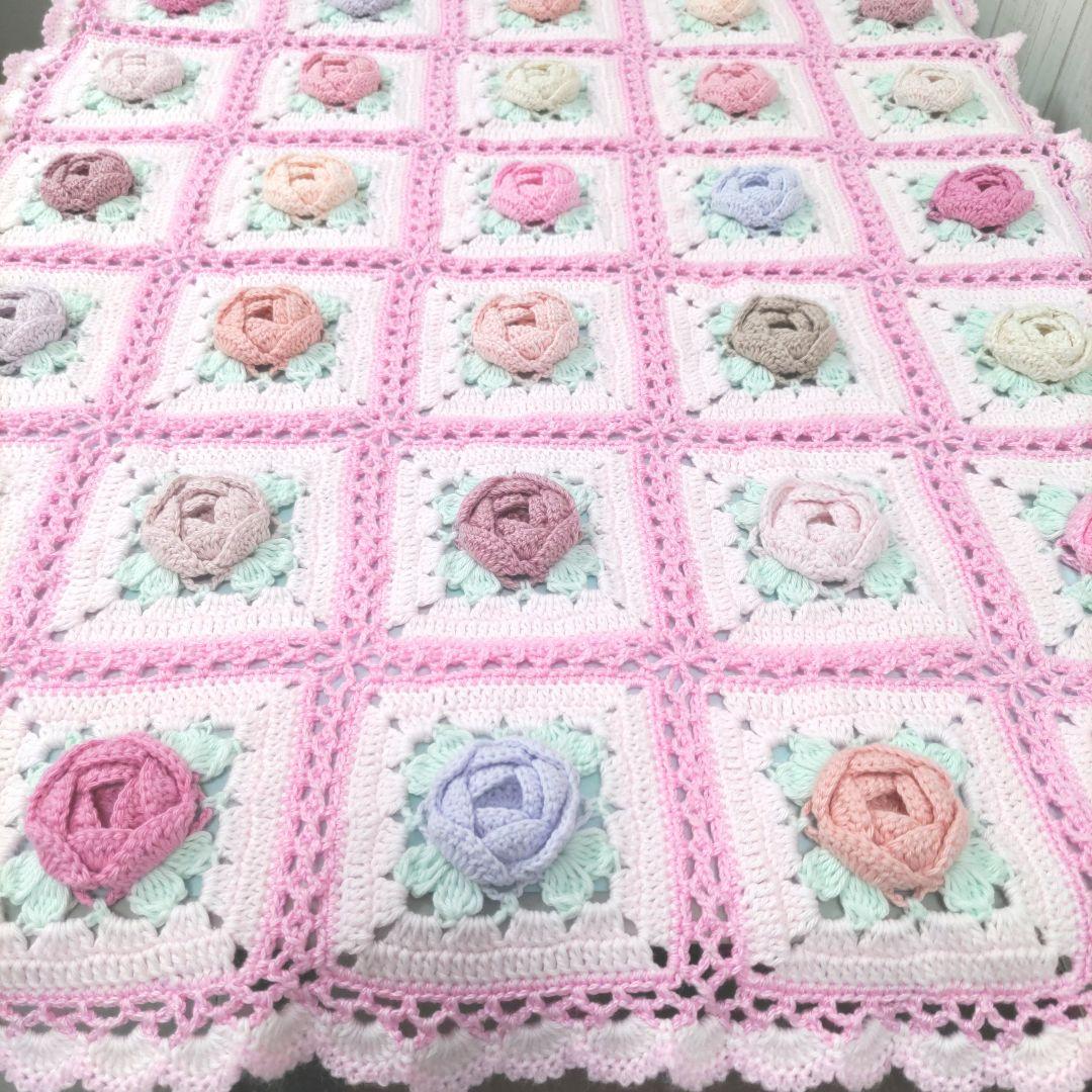 247【薔薇 マルチカバー】お花 ピンク モチーフ編み 編み物 手編み