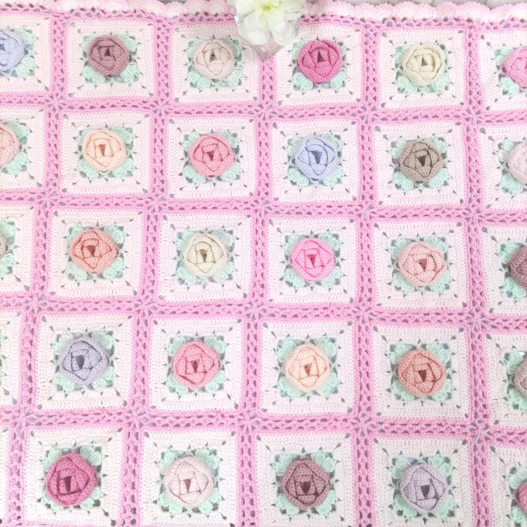247【薔薇 マルチカバー】お花 ピンク モチーフ編み 編み物 手編み
