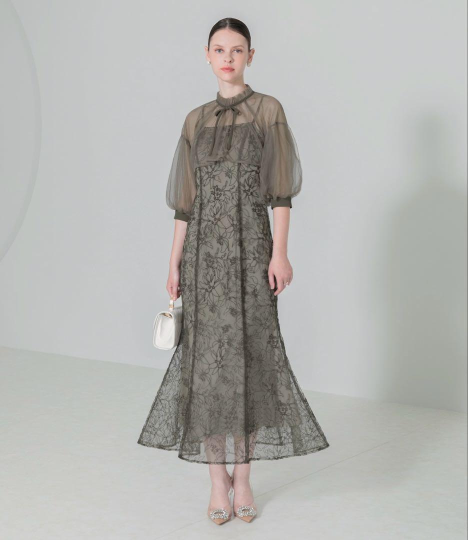 Leja リボン付きパフスリーブシアーボレロ刺繍レースマーメイドドレス