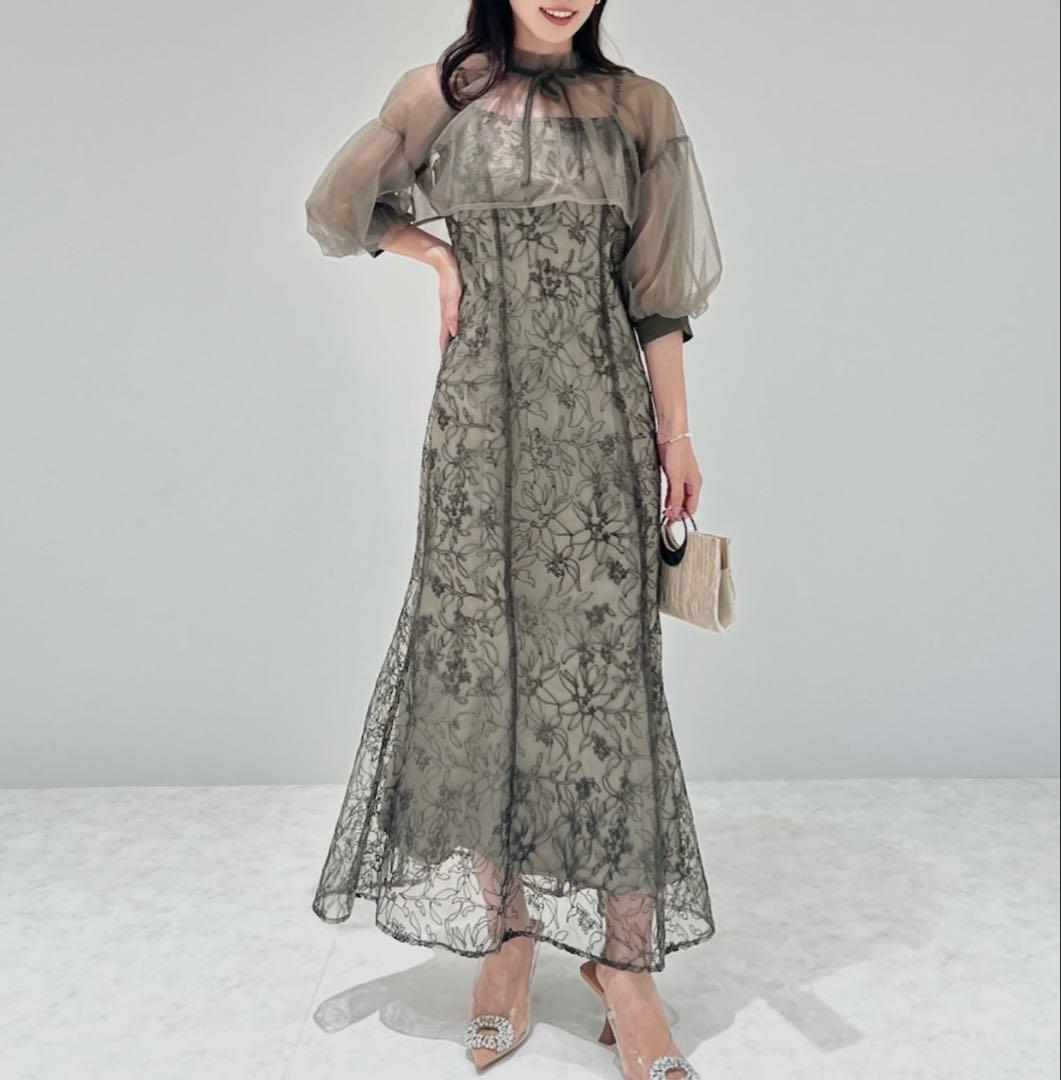 Leja リボン付きパフスリーブシアーボレロ刺繍レースマーメイドドレス