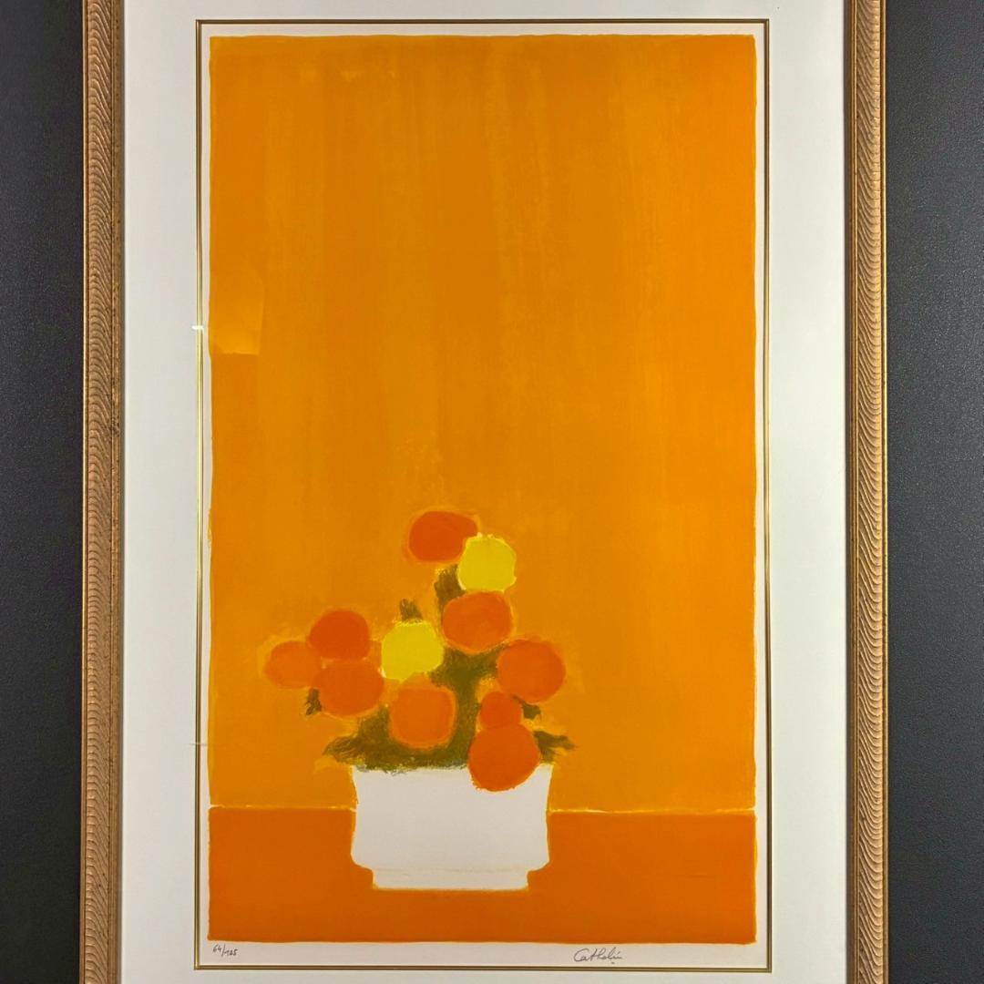 ベルナール・カトラン「黄色いバックの花」リトグラフ 大作 直筆サイン入り 額装