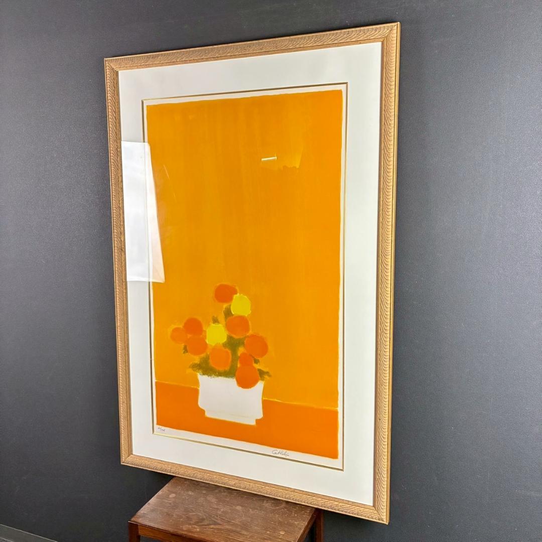 ベルナール・カトラン「黄色いバックの花」リトグラフ 大作 直筆サイン入り 額装