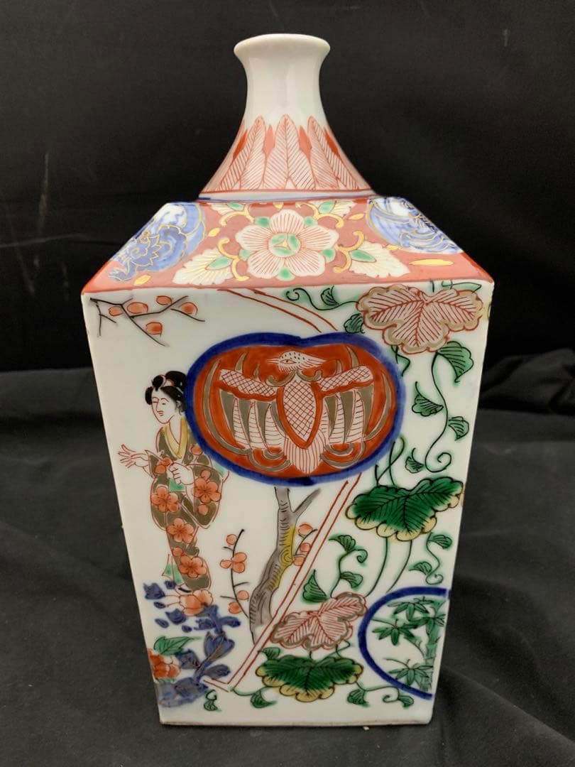 二重角福　美人画　色絵金彩　角瓶　壷　徳利　一輪挿し　古伊万里