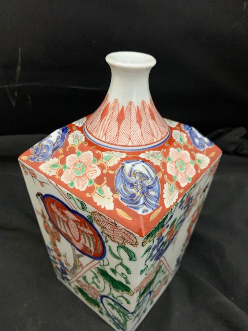 二重角福　美人画　色絵金彩　角瓶　壷　徳利　一輪挿し　古伊万里