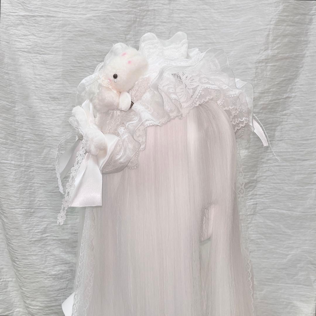♡3点No.2 天使のうさぎさん付き 編み上げリボンヘッドドレス white ♡