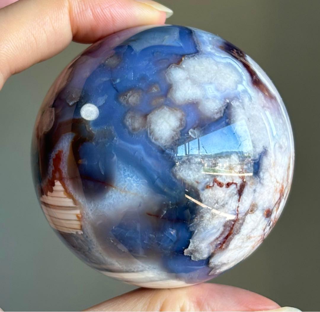 ラスト　高品質　ブルー桜瑪瑙　ブルーアゲート　スフィア　柄　花　5.7センチ