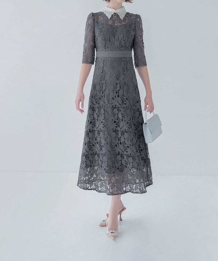 【LEJA】花柄レースビジューカラーAラインドレスワンピース美脚効果結婚式