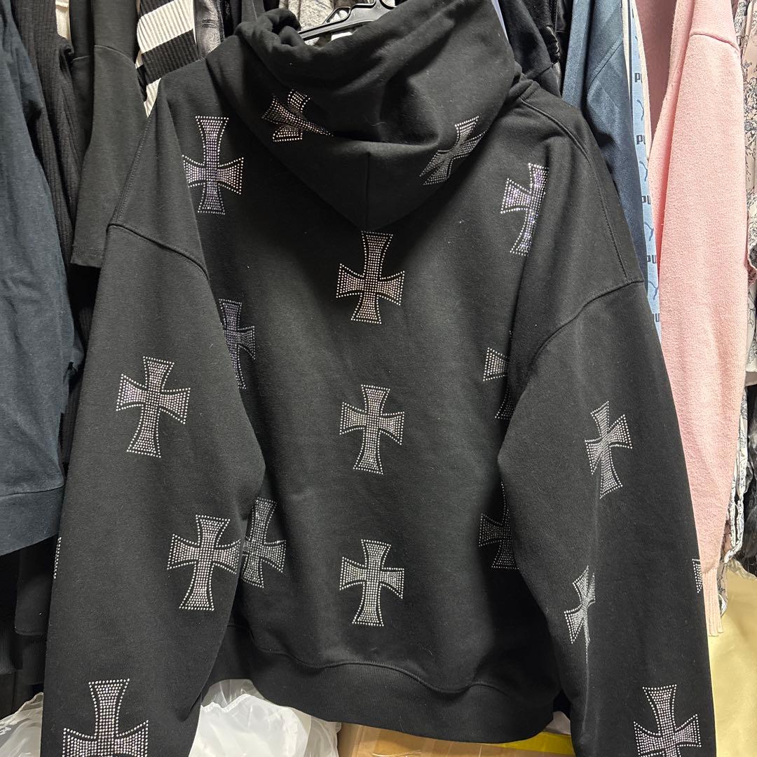 unknown クロスラインストーンジップパーカー ブラック×シルバー