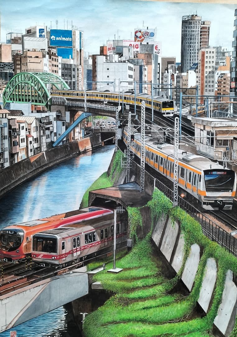 特価　御茶ノ水駅　 アクリル画 サイズは78✕109cm(水彩紙全紙大)