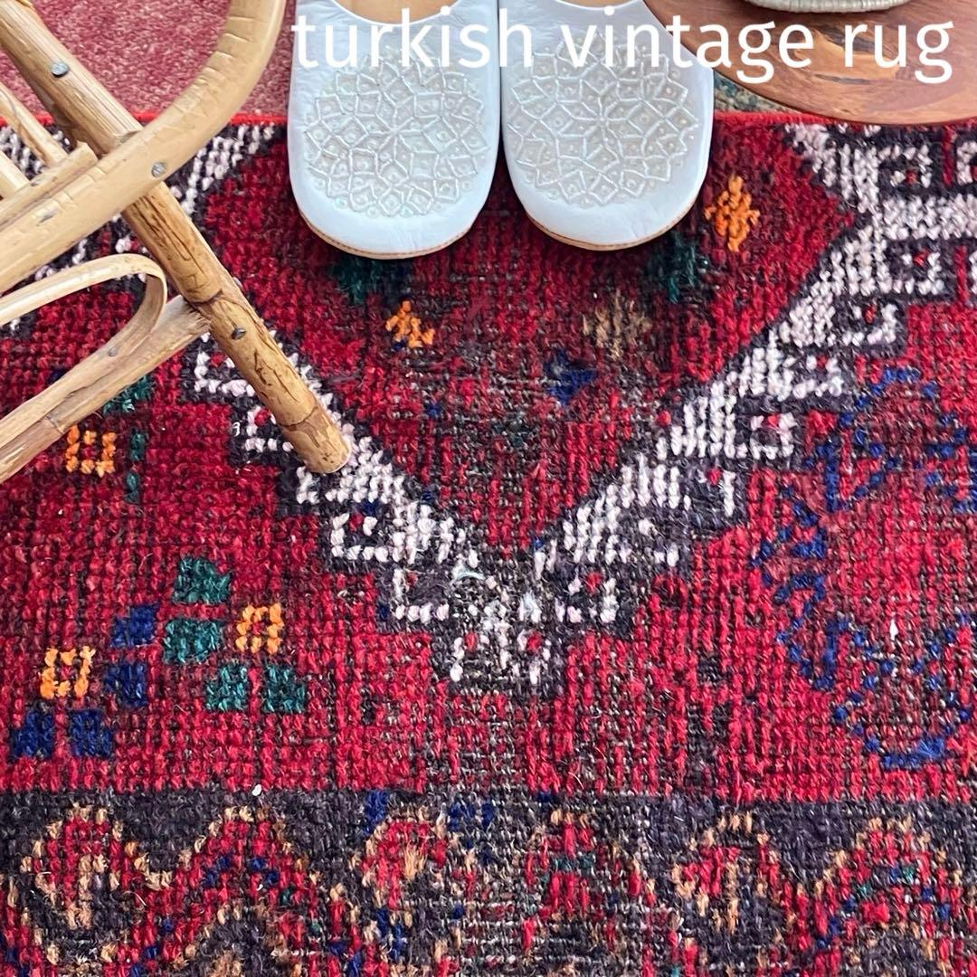 温かざっくり編み✳︎クリスマスレッド　　ロング　ランナー　トルコヴィンテージラグ