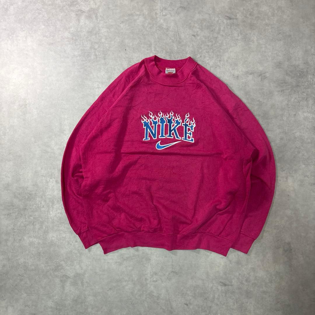 NIKE 90s スウェット トレーナー 刺繍ロゴ ファイヤー ピンク XL
