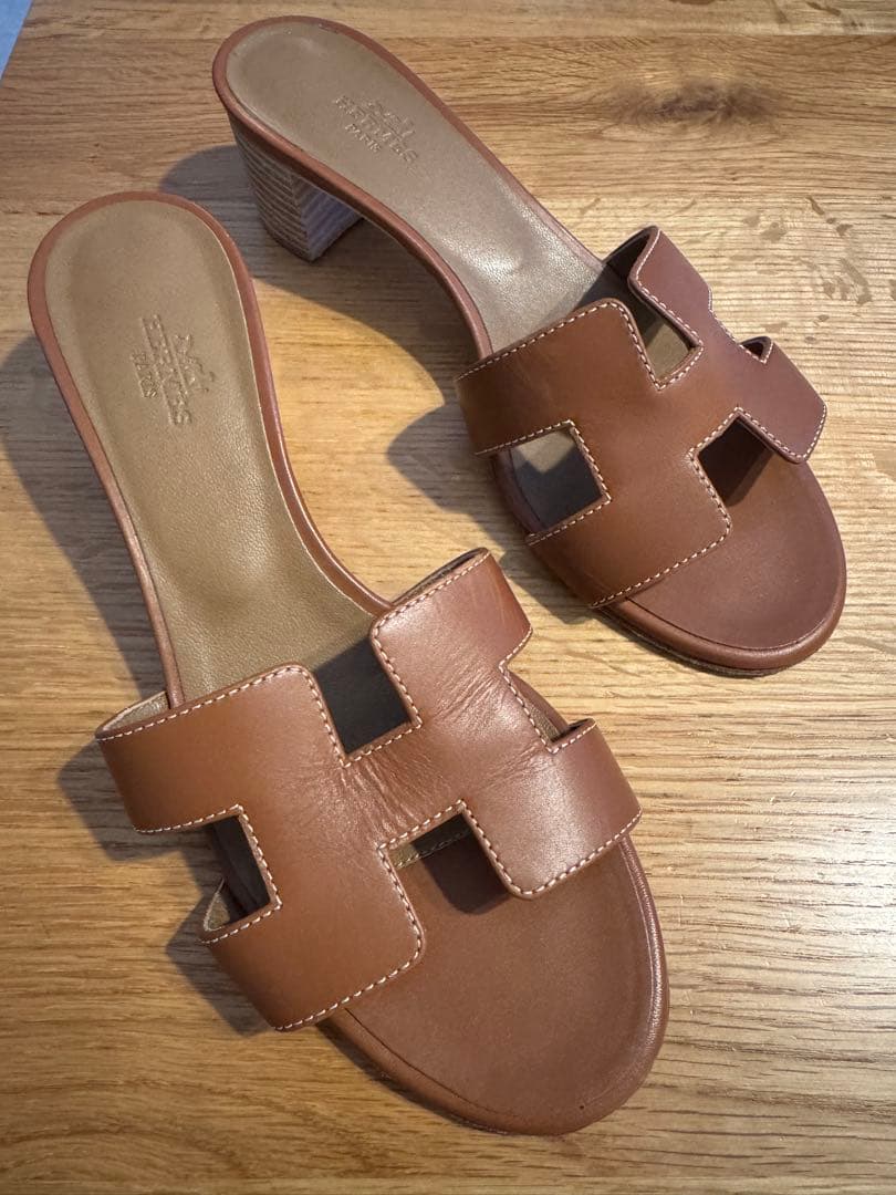 エルメス　オアシス　ブラウンレザーサンダル 中ヒール エルメス袋あり