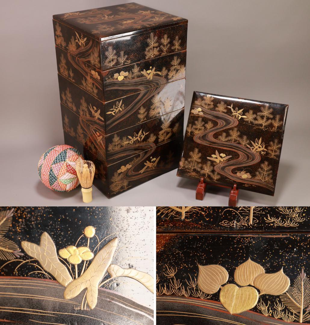 Saku BJ070 時代輪島塗　明治期　流水金蒔絵　本硬地　五段重　重箱