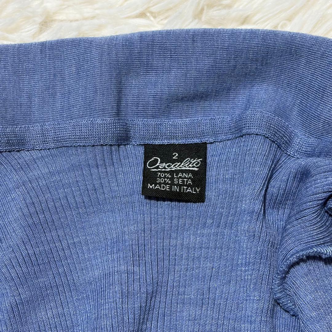 美品　オスカリート　カーディガン　リブ　ミドル丈　ライトブルー