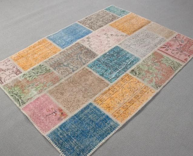 トルコ製ヴィンテージラグ915 レア 高級 ブルー イエロー パッチワーク