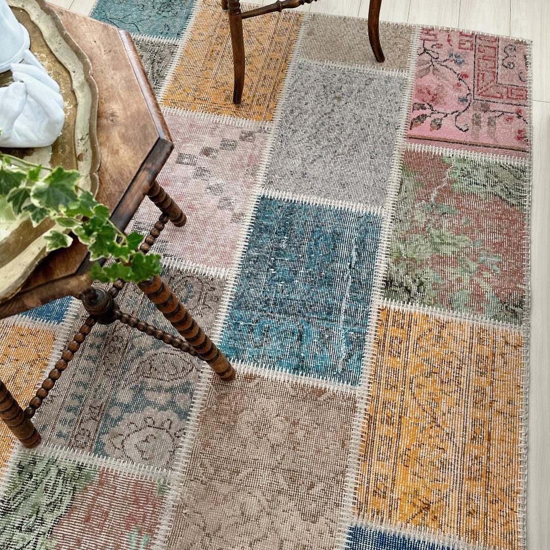 トルコ製ヴィンテージラグ915 レア 高級 ブルー イエロー パッチワーク