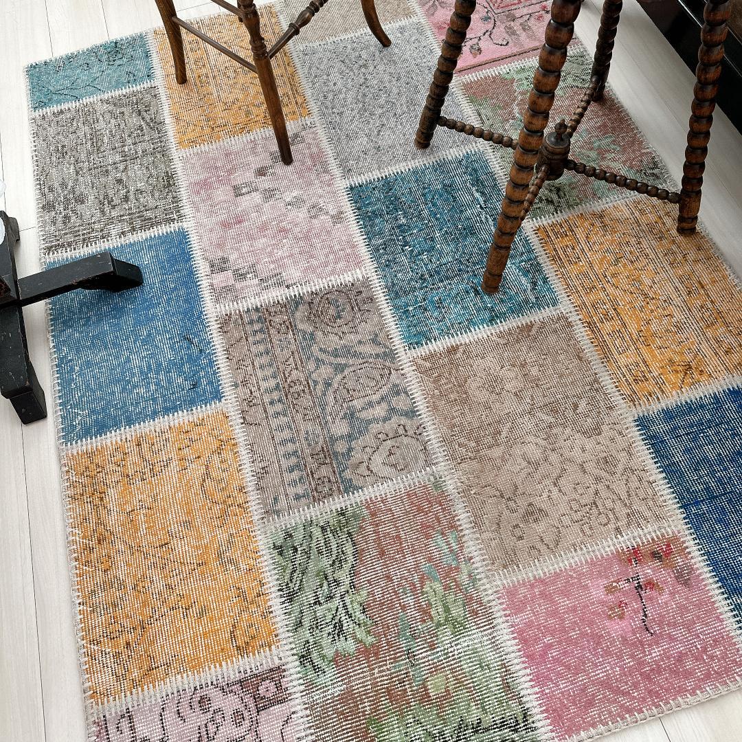 トルコ製ヴィンテージラグ915 レア 高級 ブルー イエロー パッチワーク