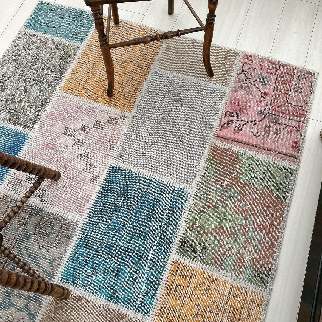 トルコ製ヴィンテージラグ915 レア 高級 ブルー イエロー パッチワーク