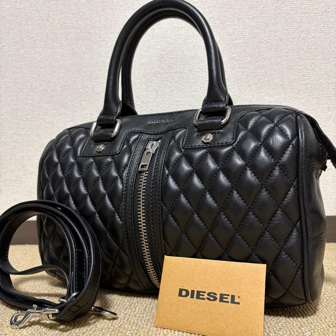 DIESEL ミニボストンバッグ ショルダー 2way キルティング 本革 黒