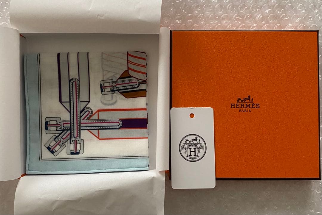 エルメス　ハンカチーフ　サングル・アン・フィネス　水色　カザック　綿コットン新品