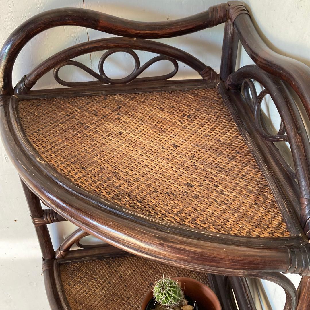 ヴィンテージ ラタン コーナーシェルフ 飾り棚 家具 古道具