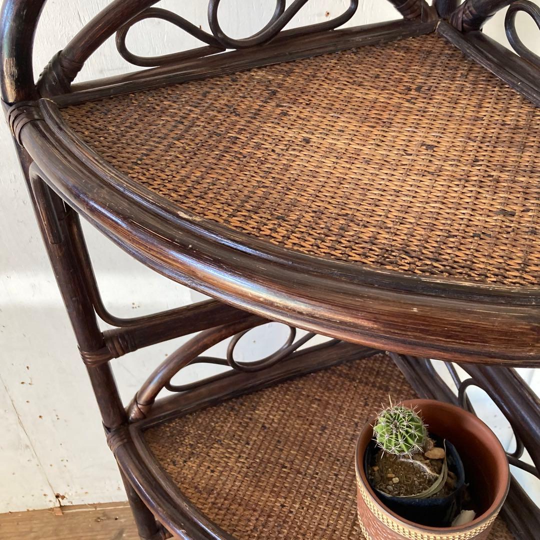 ヴィンテージ ラタン コーナーシェルフ 飾り棚 家具 古道具